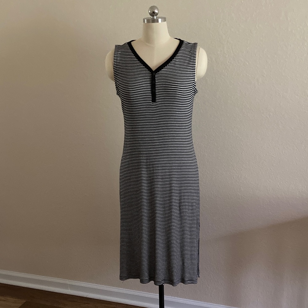 Talbots Black and White Striped Henley T-shirt Midi Dress